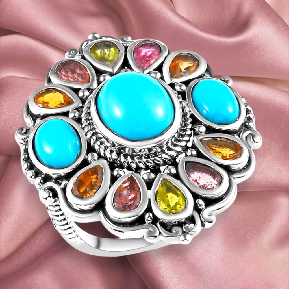 NWT NATURAL SLEEPING BEAUTY TURQUOISE & MULTI-TOURMALINE STERLING SILVER RING
